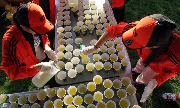 Volunteers fill cups at the athlete&#039;s village prior to the start of the 116th running of the Boston Marathon, in Hopkinton. (AP)