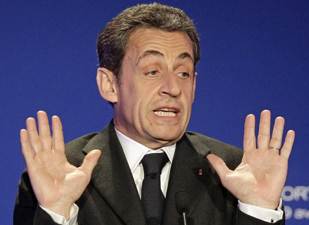 France's President and candidate for re-election, Nicolas Sarkozy, gestures as he delivers a speech during a campaign meeting in Saint Maurice, outside Paris on Thursday. (AP)