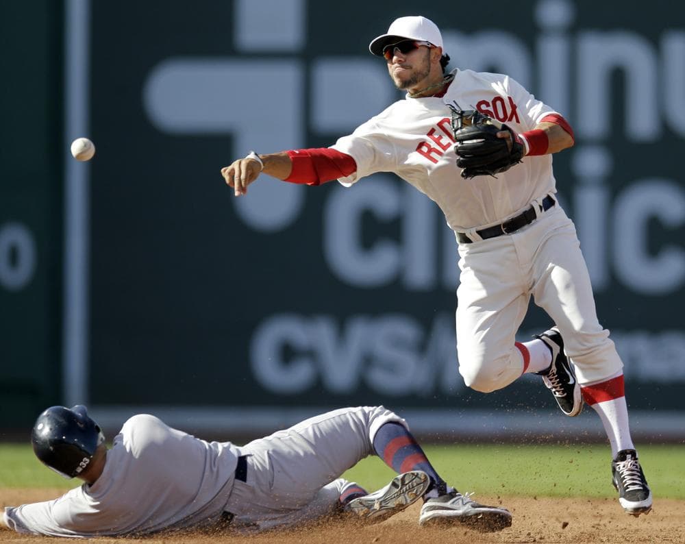 New York Yankees&#039; Nick Swisher, left, is out at second as Sox shortstop Mike Aviles turns a double play on Yankees&#039; Raul Ibanez, Friday. (AP)