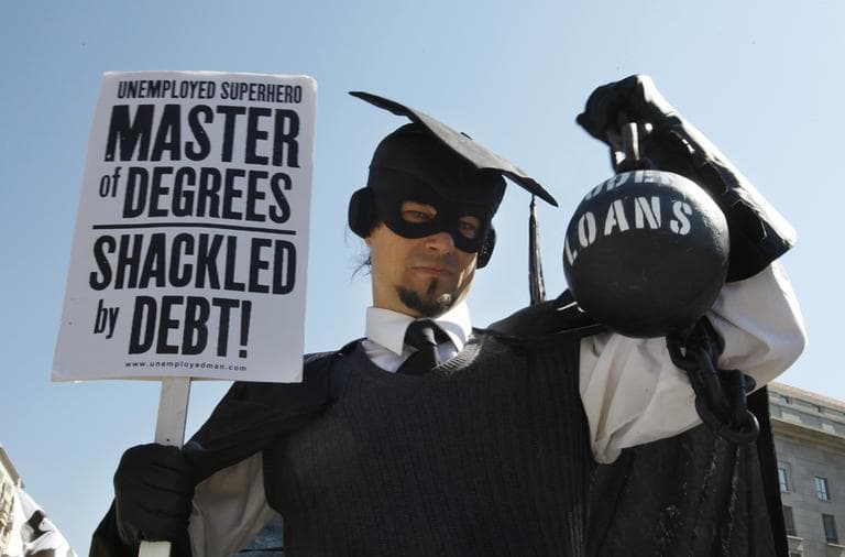 In this Oct. 6, 2011 photo, Gan Golan, of Los Angeles, dressed as the &quot;Master of Degrees,&quot; holds a ball and chain representing his college loan debt, during Occupy DC activities in Washington. (AP)
