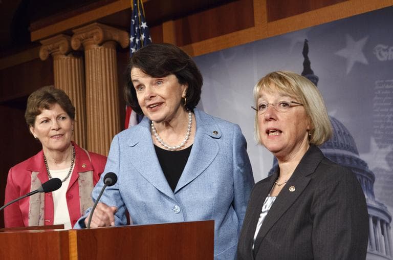 From left, Sen. Jeanne Shaheen, D-N.H., Sen. Dianne Feinstein, D-Calif., and Sen. Patty Murray, D-Wash., talk to reporters about reauthorization of the Violence Against Women Act. (AP)