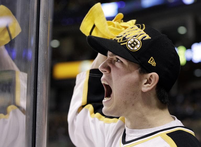Boston Bruins fan Alex Taranto of Lexington, Mass. screams while standing near the glass during the third period of Game 1 of an NHL hockey Stanley Cup first-round playoff series between the Bruins and the Washington Capitals in Boston, Thursday, April 12. (AP)
