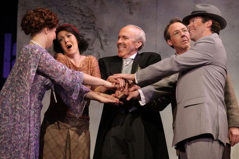 In this image provided by The Wolf Trap Foundation for the Performing Arts, From left, Sarah Larsen as Sarelda, Anne-Carolyn Bird as Beatrice, Robert Orth as Mayor Fazzobaldi, William Sharp as Cosimo, and Vale Rideout as Tancredi, perform in a dress rehearsal for the Opera &quot;The Inspector.&quot; (AP)