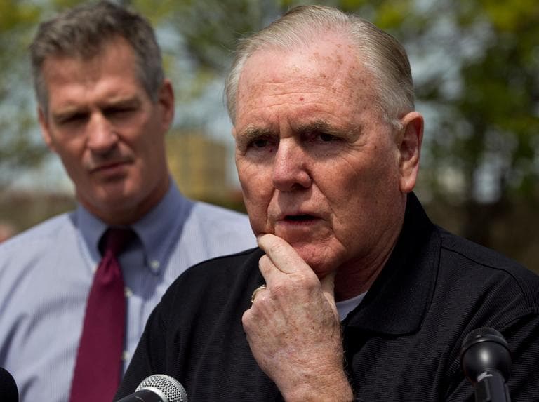 Former Boston Mayor Raymond Flynn, right, endorses Sen. Scott Brown outside Sullivan's restaurant, in South Boston Monday. (AP)