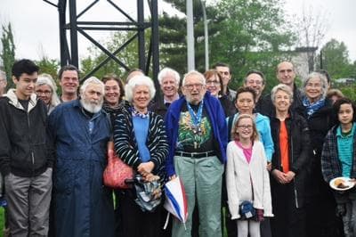 Bill and Clara Wainwright, center, in front of friends, family and supporters at the rededication ceremony of  Bill&#039;s &#039;Windwheels&#039; sculpture (Courtesy) 