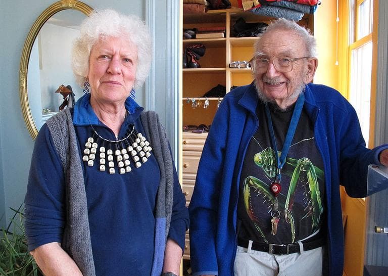 Bill and Clara Wainwright. Clara&#039;s necklace is one of the many pieces of art that Bill has created for her over the years. (Andrea Shea/WBUR)
