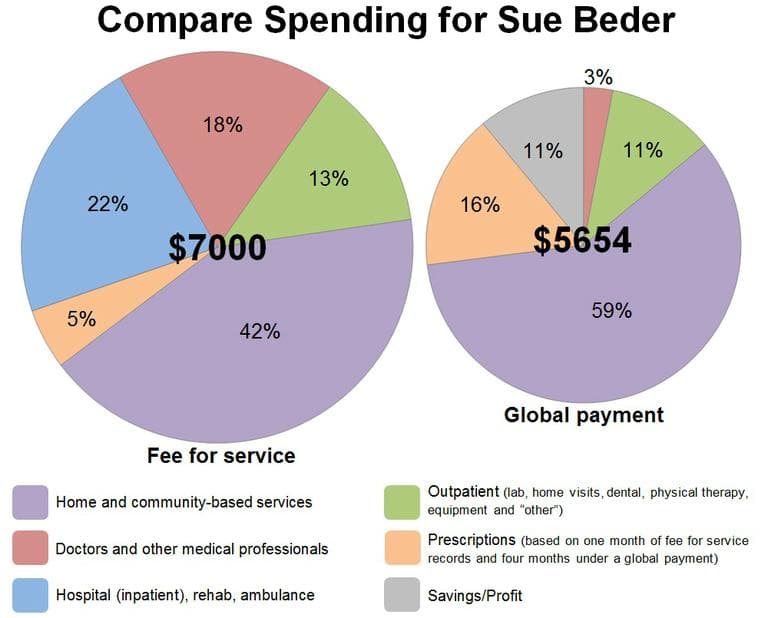 Compare spending for Sue Beder: Fee for service vs. Global payment