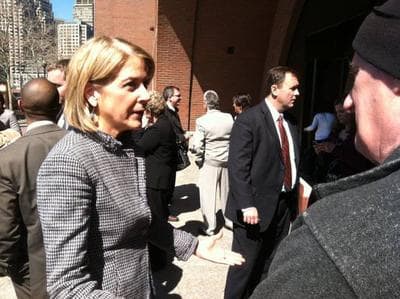Mass. Attorney General Martha Coakley at the federal courthouse, Wednesday (Fred Thys/WBUR)