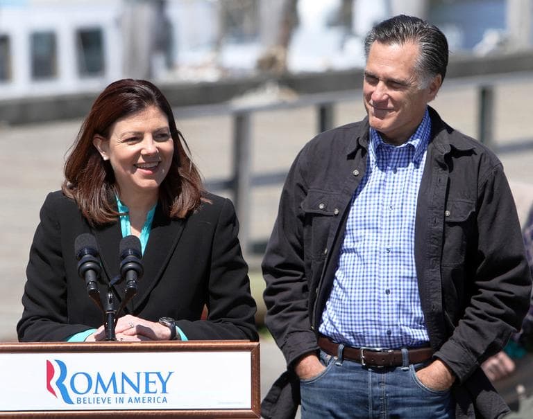 Republican presidential candidate Mitt Romney (right) and New Hampshire Sen. Kelly Ayotte, Monday, April 30 in Portsmouth, N.H. (AP)