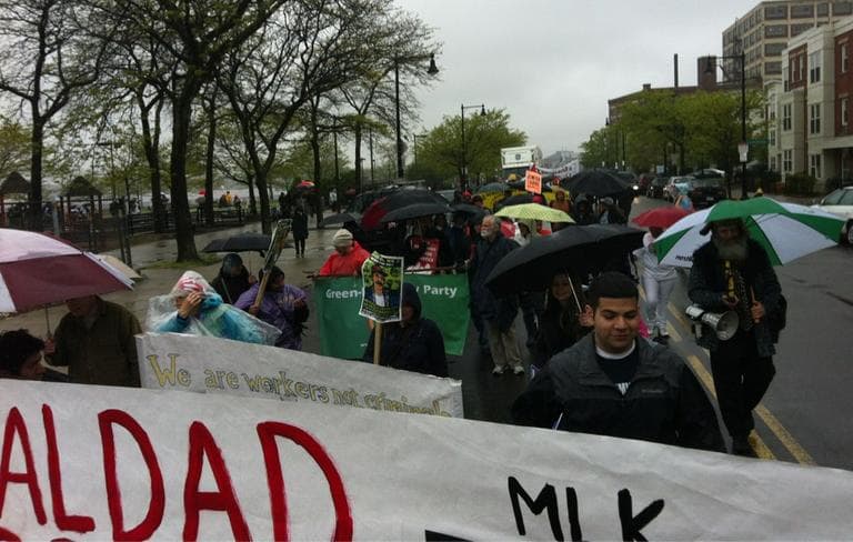 May Day demonstrators take to the streets in East Boston Tuesday. (MassUniting via Twitter)