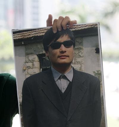 A pro-democracy activist holds a picture of Chen Guangcheng during an event to collect signatures in support of the blind Chinese legal activist, in Hong Kong. (AP)