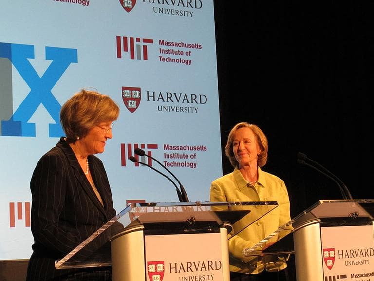 Harvard President Drew Gilpin Faust, left, and MIT President Susan Hockfield announcing the creation of edX, Wednesday.  (Courtesy Katie Broida)