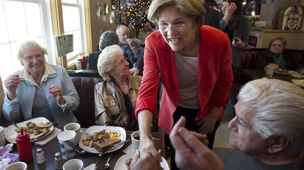 U.S. Senate candidate Elizabeth Warren, a Democrat, greets people at Dinky&#039;s Blue Belle Diner in Shrewsbury, Mass., on Sunday. (AP)