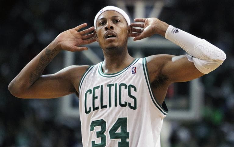 Boston Celtics&#039; Paul Pierce looks for a reaction from the crowd in the second quarter on Sunday. (AP)