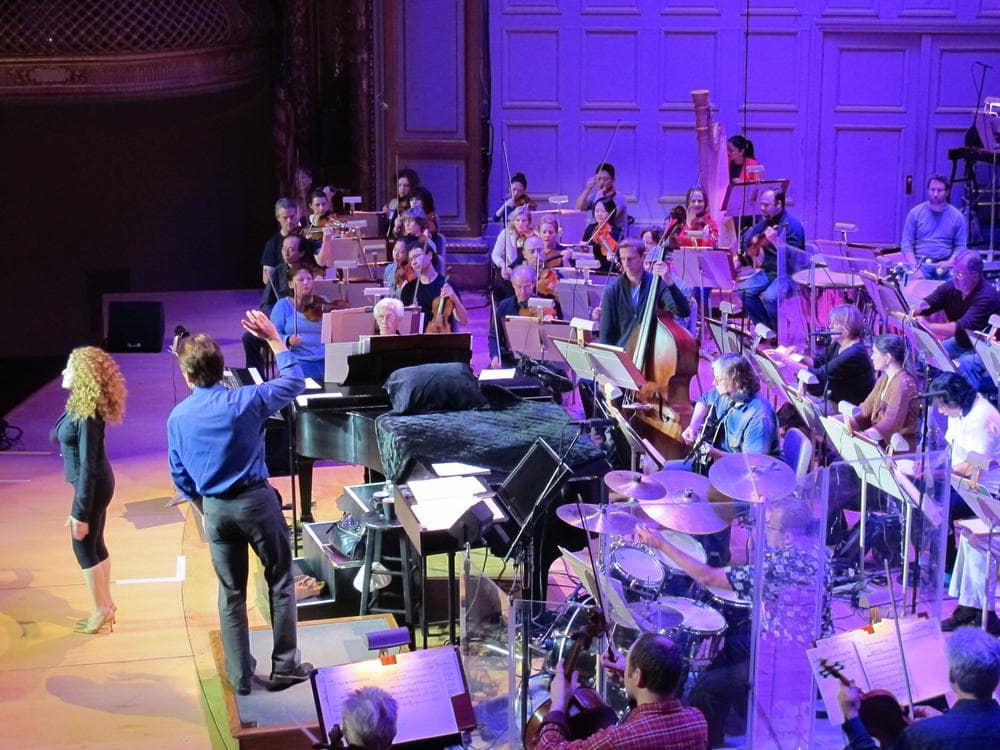 The Boston Pops rehearse with Broadway actress Bernadette Peters for their opening night performance, Wednesday. (Andrea Shea/WBUR)