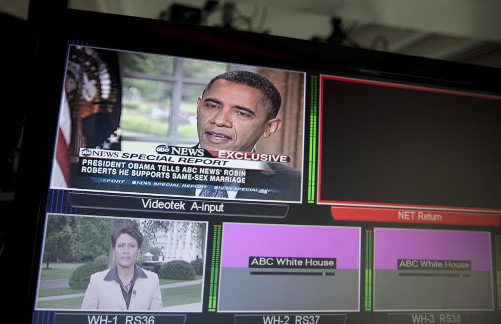 President Barack Obama is seen on television monitors in the White House briefing room in Washington, Wednesday, May 9, 2012. President Barack Obama told an ABC interviewer that he supports gay marriage. (AP)