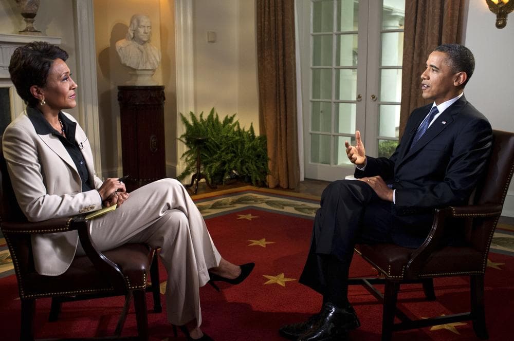 In this photo released by The White House, President Barack Obama participates in an interview with Robin Roberts of ABC's Good Morning America, in the Cabinet Room of the White House, Wednesday, May 9, 2012, in Washington. (AP Photo/The White House, Pete Souza)