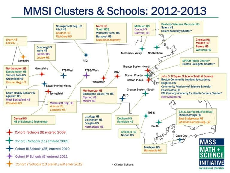 This graph shows which Massachusetts schools are taking part in the Mass. Math and Science Initiative and what year they entered the program. (Courtesy of MMSI)