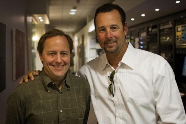 Radio Boston host Anthony Brooks, left, with former Red Sox pitcher Tim Wakefield at WBUR, Friday. (Jesse Costa/WBUR)