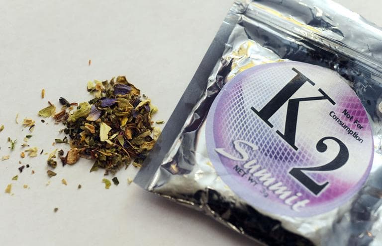 A package of K2 , a concoction of dried herbs sprayed with chemicals. This type of synthetic marijuana is harder to find since the federal ban. Other versions can still be purchased legally in Massachusetts. (AP)
