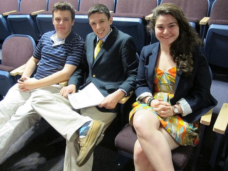 Members of the Boston Teen Acting Troupe, from left: Ritchie Sullivan, managing director; Jack Serio, co-artistic director; Catherine Spino, co-artistic director. (Andrea Shea/WBUR)