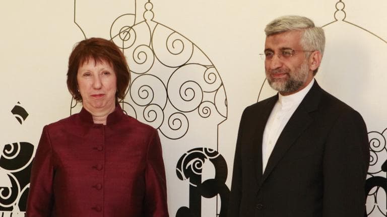 EU Foreign Policy Chief Catherine Ashton, left, poses for a photo with Iran&#039;s Chief Nuclear Negotiator Saeed Jalili in Baghdad, Iraq, Wednesday. (AP)