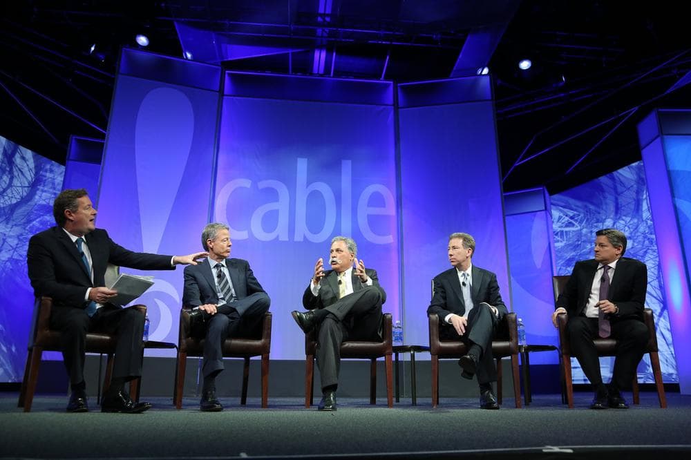 The industry panel at the closing general session. From left to right: Piers Morgan, host; Jeffrey Bewkes, Time Warner, Inc.; Chase Carey, News Corporation; Pat Esser, Cox Communications; Ted Sarandos, Netflix.