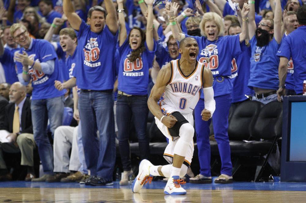 Russell Westbrook and the Oklahoma City Thunder need four more wins to make the NBA Finals. (AP)