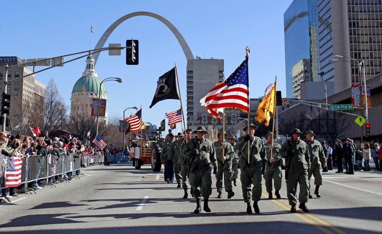 Participants in a parade to honor Iraq War veterans made their way along a downtown street in St. Louis in January. (AP)