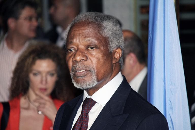 UN-Arab League Joint Special Envoy for Syria (JSE) Kofi Annan, speaks during a press conference after his arrival in Damascus, Syria, Monday. Annan is there for talks with Syrian President Bashar Al-Assad. (AP)