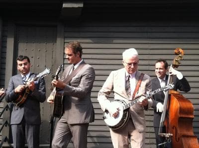 Steven Martin and the Steep Canyon Rangers perform outside the Paul Revere House in the North End. (WBUR/Andrea Shea)