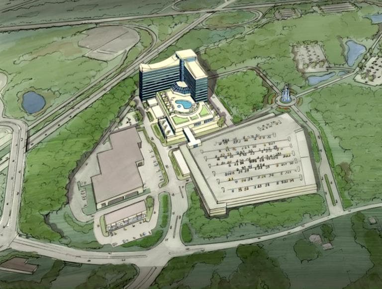 This artist rendering released Apirl 26, 2012 by the Mashpee Wampanoag tribe depicts a resort casino that the tribe has proposed be built in Taunton, Mass. The plan calls for a 150,000 square foot casino, three hotels, retail stores and a family-oriented water park. The tribe announced Thursday during a meeting at City Hall in Taunton that it hopes to build the resort casino over a five-year period. (AP Photo/Mashpee Wampanoag tribe)