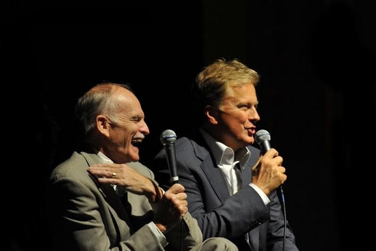 Tom Ashbrook and On Point news analyst Jack Beatty on stage for On Point Live at the Paramount Theatre. 