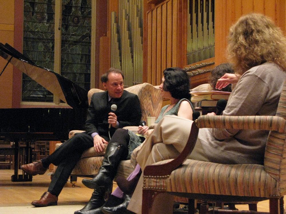 New York Writer Adam Gopnik (left), with author Allegra Goodman and Here &amp; Now&#039;s Robin Young in Cambridge, Mass. (Courtesy Lee Goodwin)