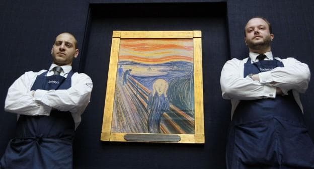 Staff stand guard by Edvard Munch's 'The Scream' as it is hung for display at Sotheby's Auction Rooms in London, Thursday, April 12, 2012. The painting made with pastels is one of four versions of the composition, and dates from 1895, it will be auctioned in the Impressionist and Modern Art Sale in New York on May 2, with an estimated price of 80 million dollars. (AP)