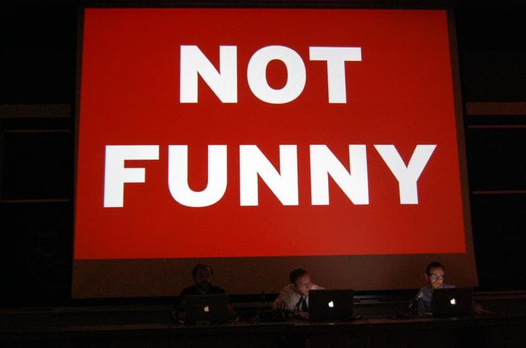 The group MemeFactory &mdash; consisting of Mike Rugnetta, Stephen Buckhart, and Patrick Davison &mdash; during their performance, &quot;The Internet Is Not Funny.&quot; (Aayesha Siddiqui/WBUR)