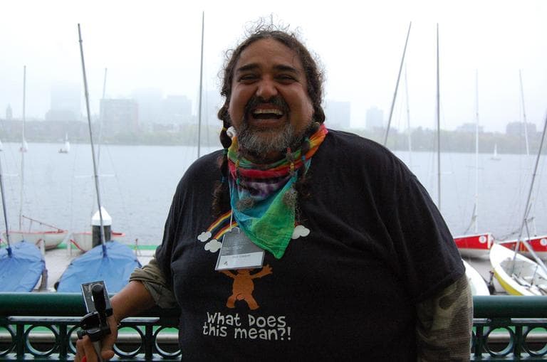 Paul &quot;Bear&quot; Vasquez, also known as Double Rainbow Guy on the banks of the Charles River. (Aayesha Siddiqui/WBUR)