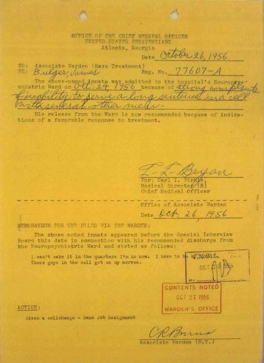 Click the image for a larger version of this 1956 report, which details that Bulger was admitted to the psychiatric ward. (Courtesy of David Boeri)