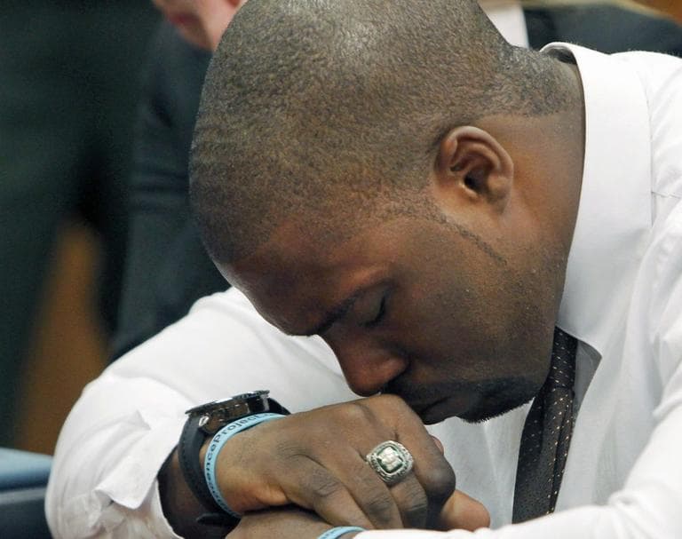 Brian Banks weeps in court after his kidnap-rape conviction was dismissed May 24 in Long Beach, Calif. after serving five years in prison for a rape he didn't commit. (AP)
