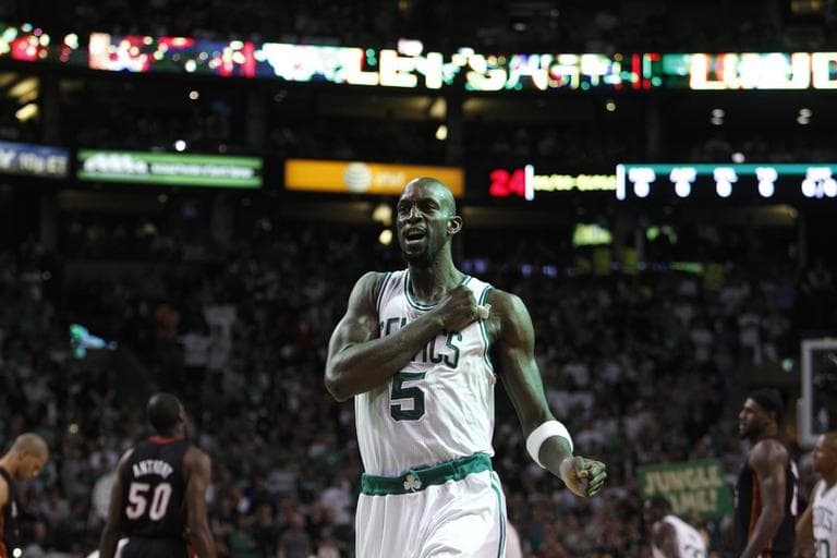 Kevin Garnett pumps himself up before Game 4 against the Miami Heat in the Eastern Conference finals. (AP)