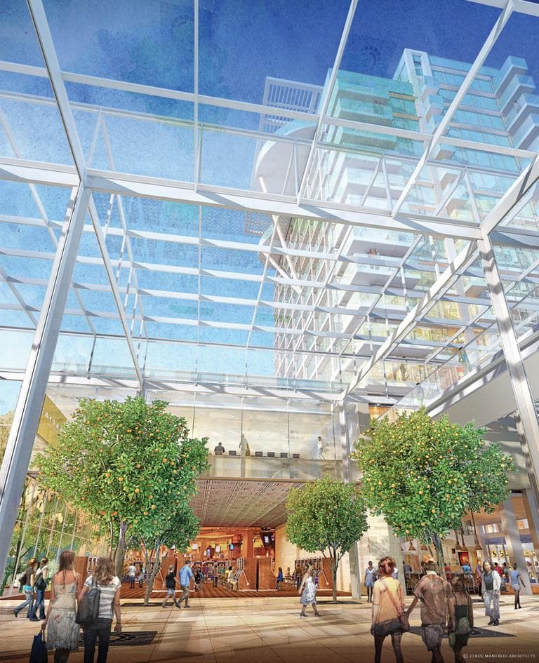 An architectural rendering of the lobby in the proposed Resort at Suffolk Downs