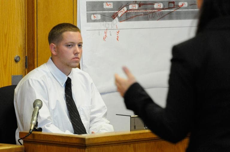 Defendant Aaron Deveau, 18, listens to the assistant district attorney while testifying at Haverhill District Court Tuesday. (AP/Eagle Tribune, Pool)