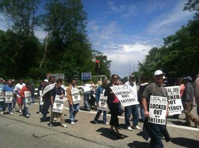 Workers from the Pilgrim nuclear plant in Plymouth on Wednesday, June 6. (Curt Nickisch/WBUR)
