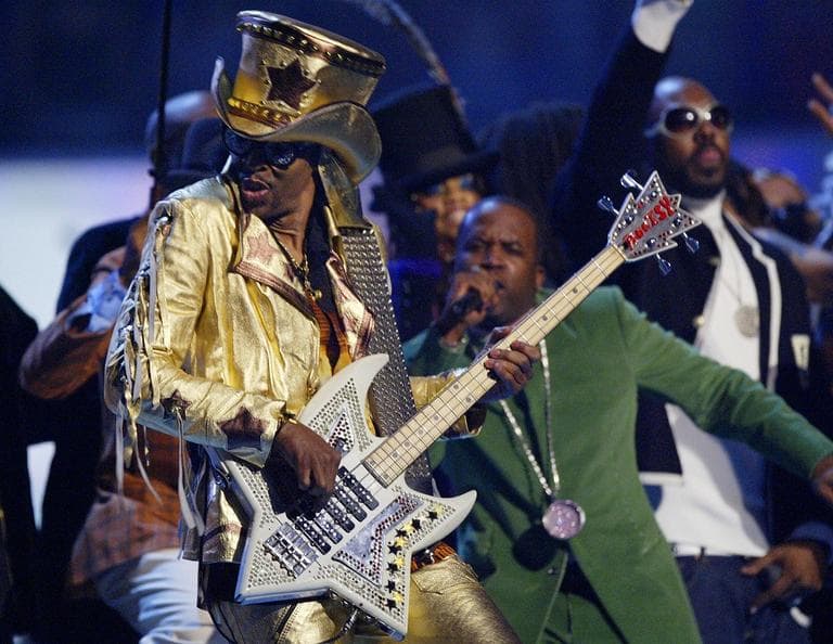 Bootsy Collins, left, leads a tribute to funk during the 46th Annual Grammy Awards, Sunday, Feb. 8, 2004, in Los Angeles. (AP)