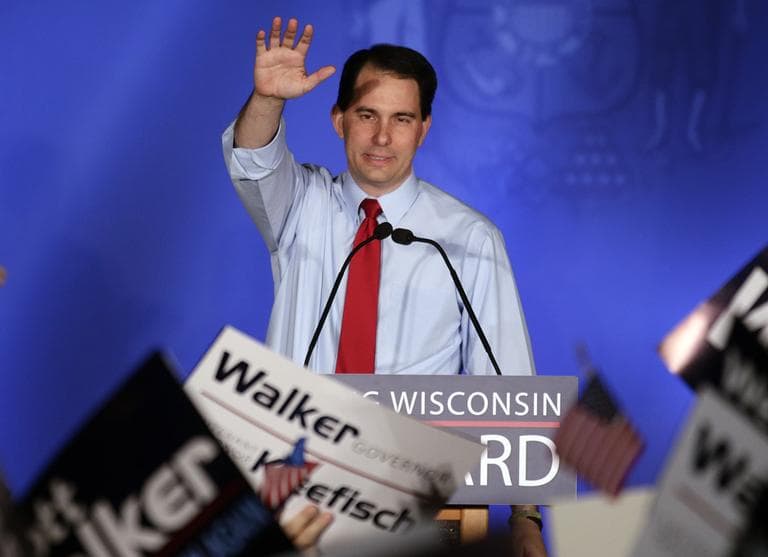 Wisconsin Republican Gov. Scott Walker waves at his victory party Tuesday, in Waukesha, Wis. (AP)