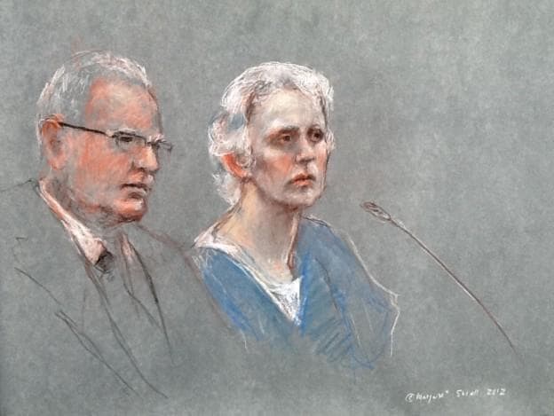 A sketch of Catherine Greig, right, during a hearing at a federal courtroom in Boston on March 14. (Margaret Small for WBUR)