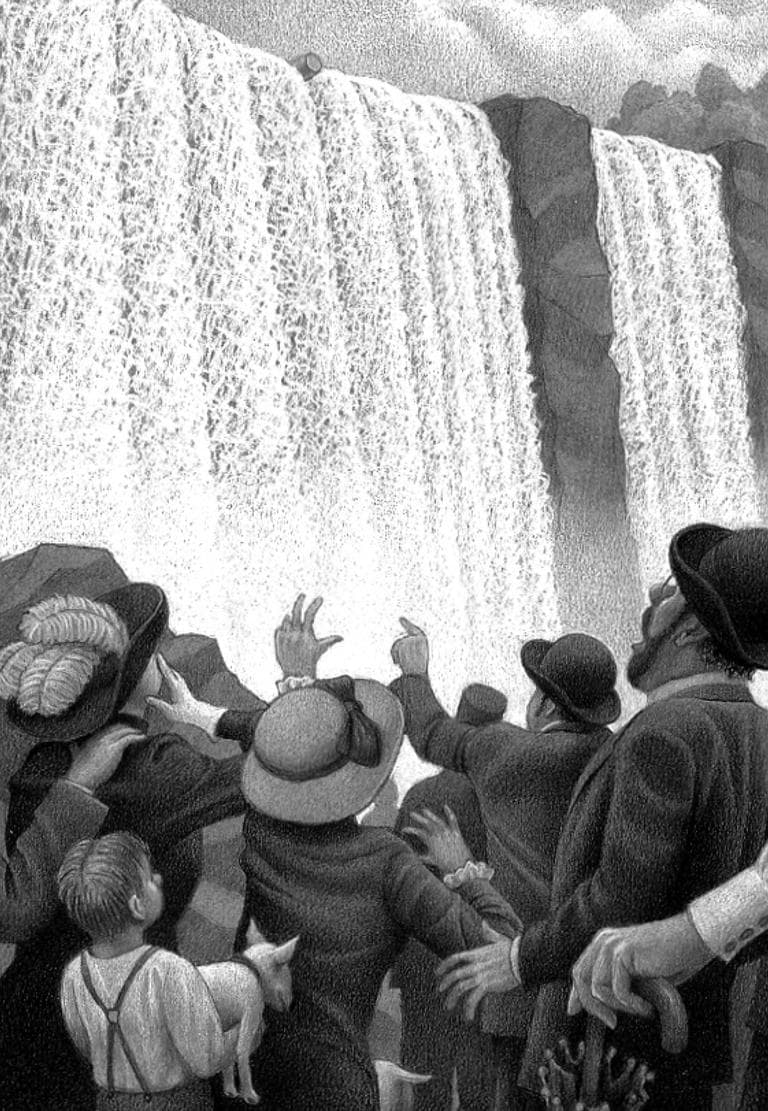 A crowd waits for Annie Edson Taylor to come down the falls in her barrel. (From &quot;Queen of the Falls,&quot; published by Houghton Mifflin Harcourt Children&#039;s Book Group)