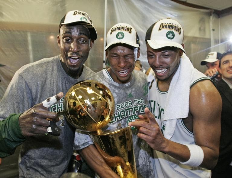 In this 2008 file photo, the Celtics&#039; Kevin Garnett, left, Ray Allen, center, and Paul Pierce celebrate in the locker room after winning the NBA basketball championship, with a 131-92 win over the Los Angeles Lakers, in Boston.  (AP)