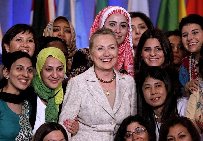 Secretary of State Hillary Clinton poses with a gathering of delegates at the Women in Public Service Institute at Wellesley College Monday. (AP)