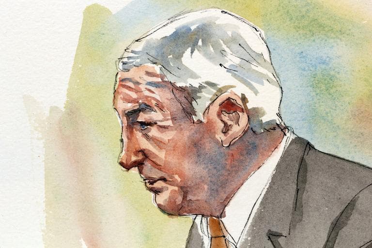 In this courtroom sketch, former Penn State University assistant football coach Jerry Sandusky listens to opening statements during the first day of his child sexual abuse trial at the Centre County Courthouse in Bellefonte, Pa. (AP)